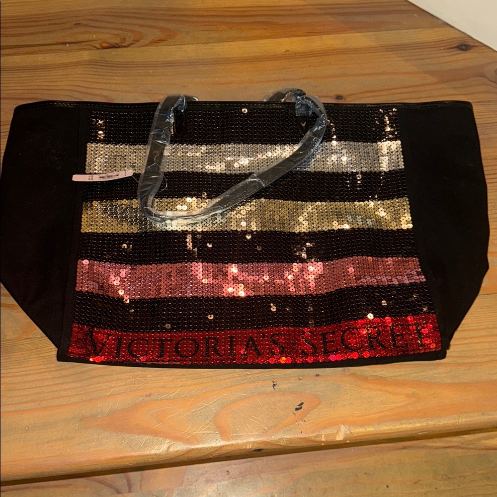 Victoria's Secret Black Tote with Sequin Stripes